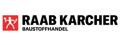Schwarzes Raab Karcher Logo mit roter stilisierter Figur auf weißem Hintergrund