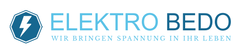 Blau weißes Firmenlogo mit Blitzsymbol und dem Text Elektro Bedo sowie Slogan