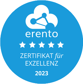 Blaues Rundlogo mit weißer Wolke fünf Sternen und dem Text Zertifikat für Exzellenz