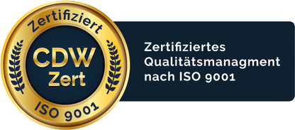 Goldenes und dunkelblaues CDW ISO 9001 Zertifikatssiegel mit deutscher Aufschrift