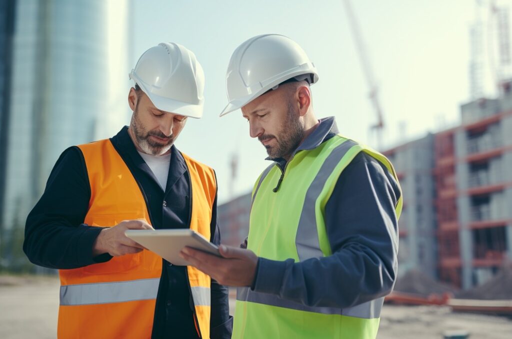 Male engineer supervising construction of building with construction worker checking hes tablet device.