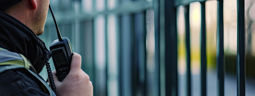 Nahaufnahme eines aufmerksamen Sicherheitsbeamten mit einem Walkie-Talkie an einem neuen Eingang, als Symbol für verbesserte Sicherheits- und Zugangskontrollmaßnahmen
