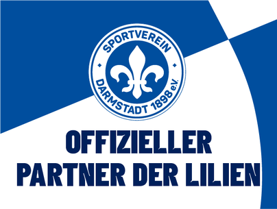 Blau weißes Logo des SV Darmstadt 98 mit Schriftzug Offizieller Partner der Lilien