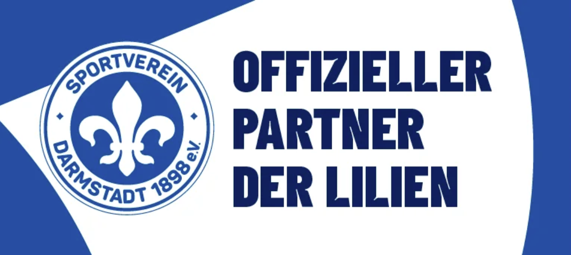 Blau weißes Logo des SV Darmstadt 98 mit Text Offizieller Partner der Lilien