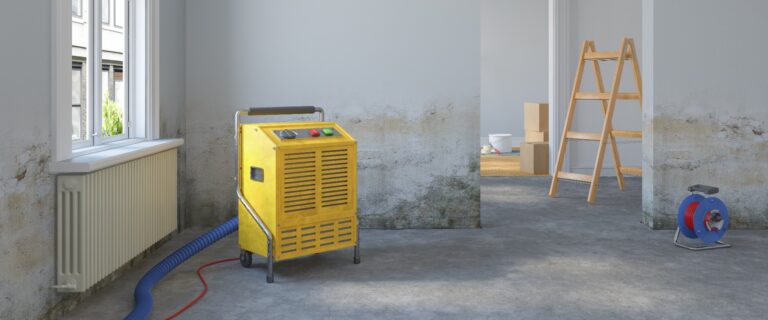 3d Illustration - leere, freie skandinavische Wohnung - Wasserschaden - Bautrockner - renovieren - sanieren - vorrichten - Versicherung