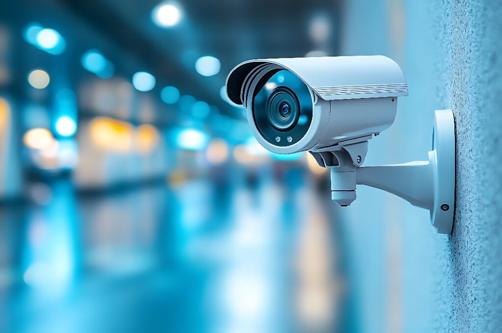 A sleek security camera mounted on a modern building wall, monitoring the surroundings in high resolution.