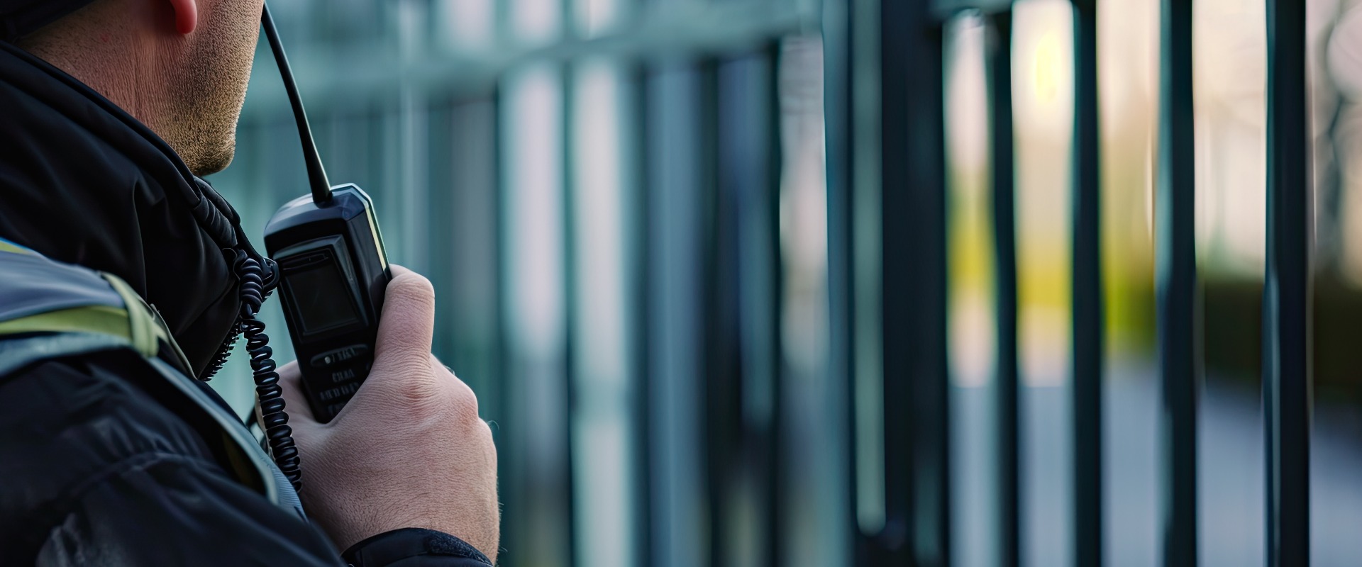 A vigilant security guard close-up with a walkie-talkie at a new gate, symbolizing enhanced safety and access control services