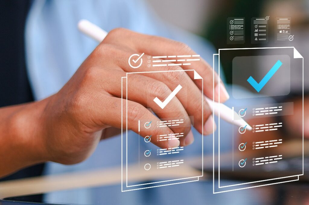 Businessman showing online document validation icon, quality assessment management With a checklist, business document evaluation process.