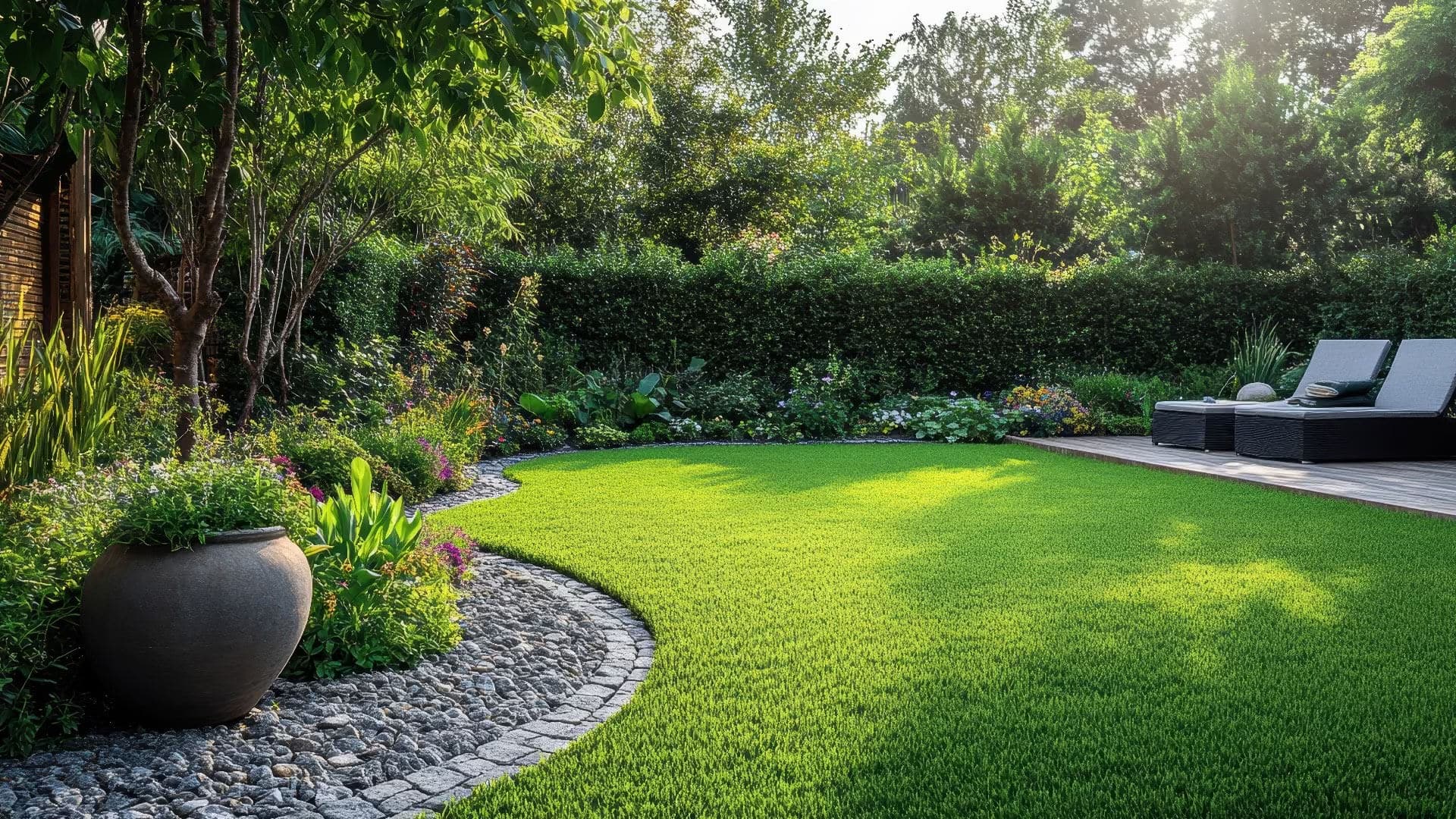 Ein sonniger Garten mit grünem Rasen, bunten Blumen, Steinweg und zwei Liegen