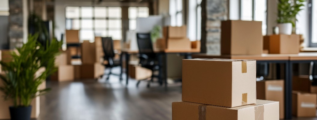 New Office with Cardboard Boxes, Packed Belongings, Moving and Storage Solutions.AI generative