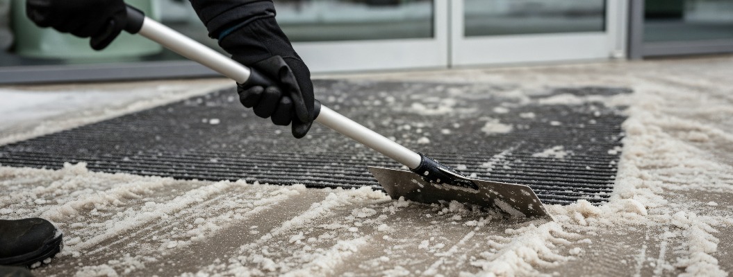 Person in black gloves using a shovel to clear melting snow and slush from a paved walkway in front of a commercial building entrance during winter weather conditions.