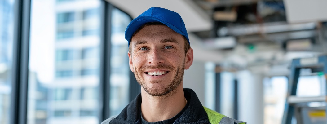 Technician in uniform smiling as he tests a newly mounted fire alarm device, ladder nearby, bright natural light flooding through large windows of an office under construction