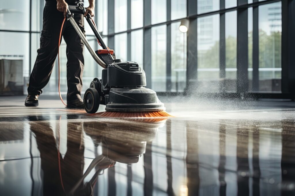 Worker washing office floor with cleaning machine.