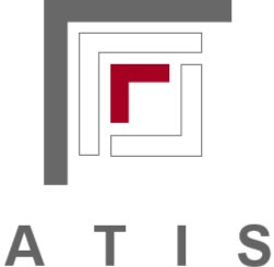 Graues und rotes ATIS Logo mit verschachtelten Linien und Buchstaben ATIS