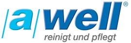 Blaues a well Logo mit grauem Text reinigt und pflegt, klar und modern