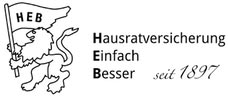 Schwarzes HEB Logo mit Mann und Fahne neben Hausratversicherung Text in Grau